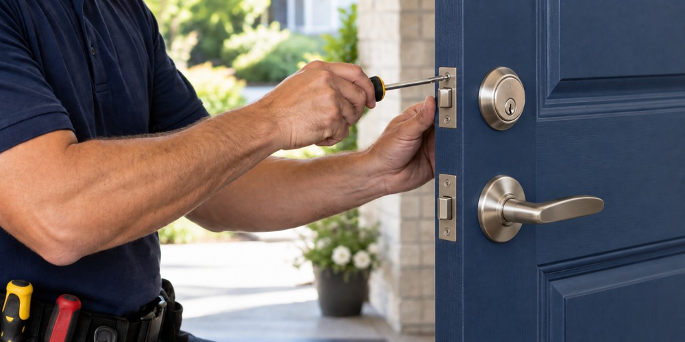 Close-up of a locksmith working on residential door hardware